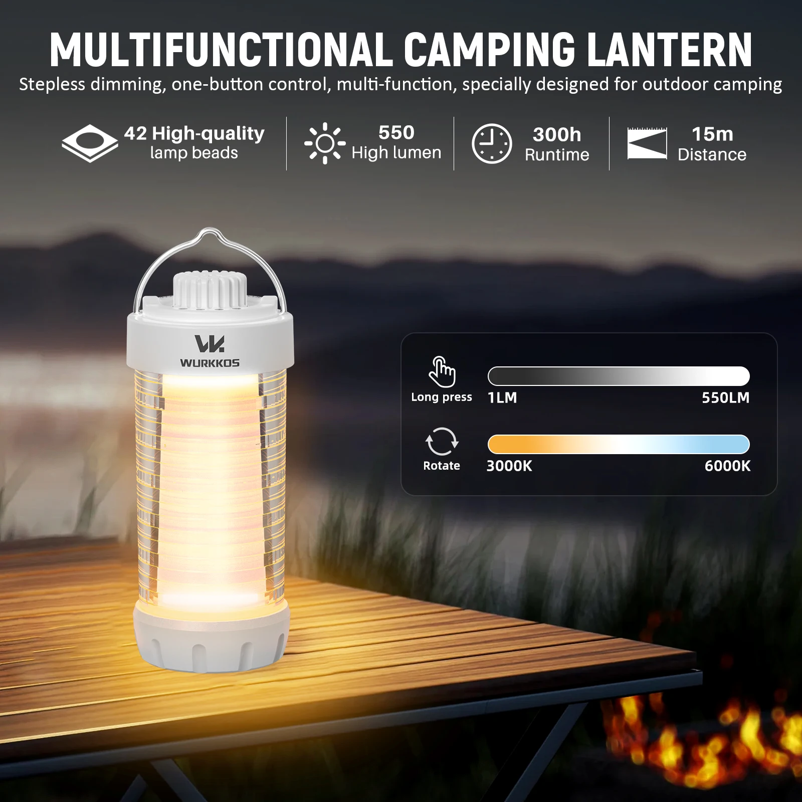 Lanterne de camping LED rechargeable 550lm étanche – Image 3